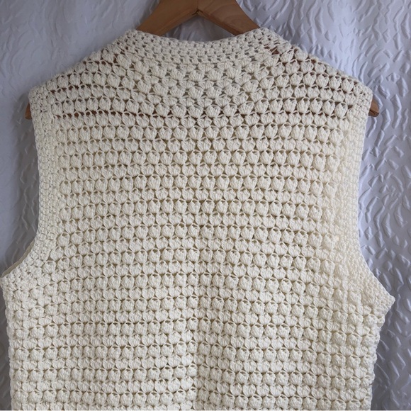 Handmade White Cream Crocheted Textured Sleevless Sweater Shawl Cardigan - Picture 8 of 15